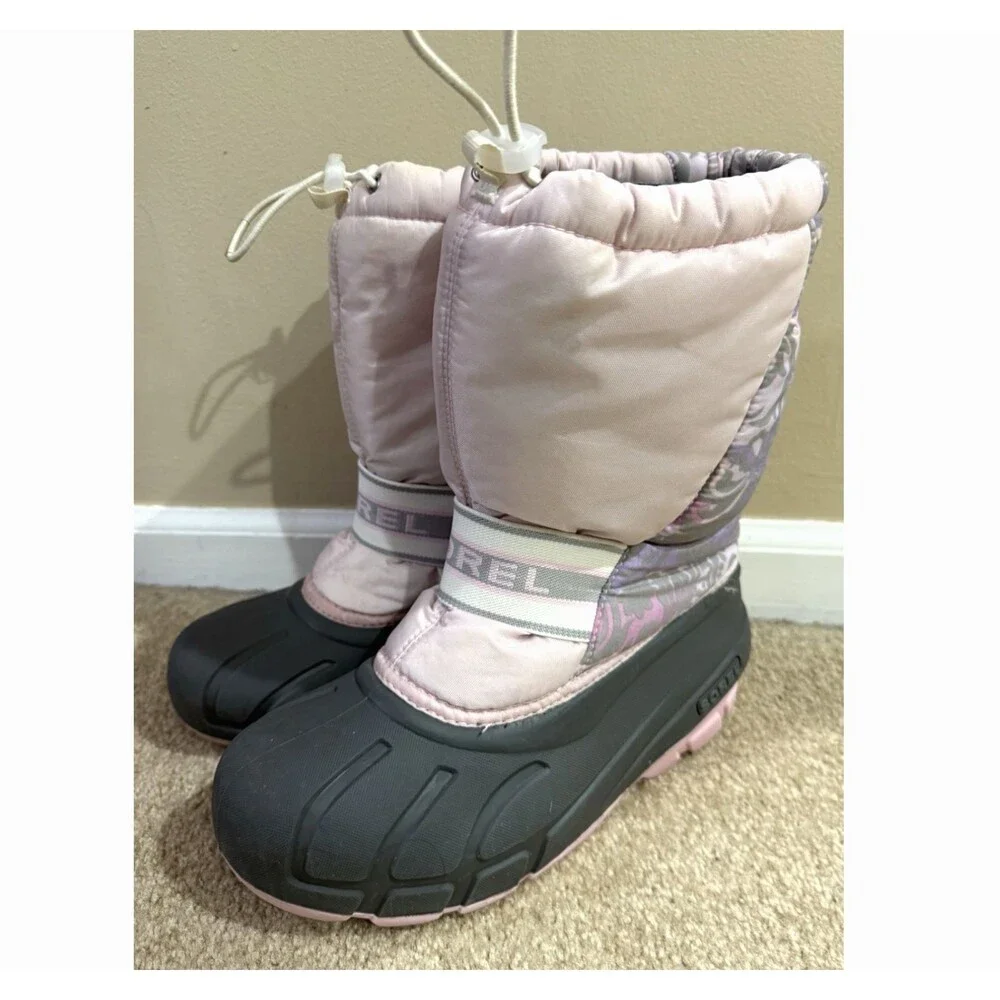 Sorel Girls 6Y Snow Boots Pink Floral Waterproof Winter Rubber Insulated Boot